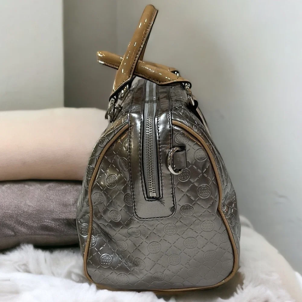 Dana Buchman gray silver satchel bag w/tan patent leather trim & handles